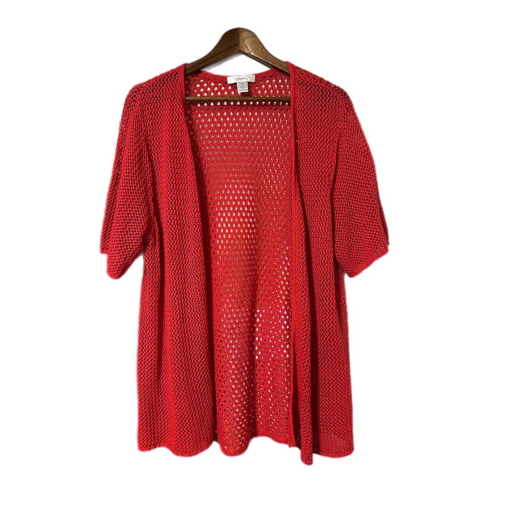 CJ Banks Womens Red Knit Open Front Short Sleeve Cardigan Sweater 1X